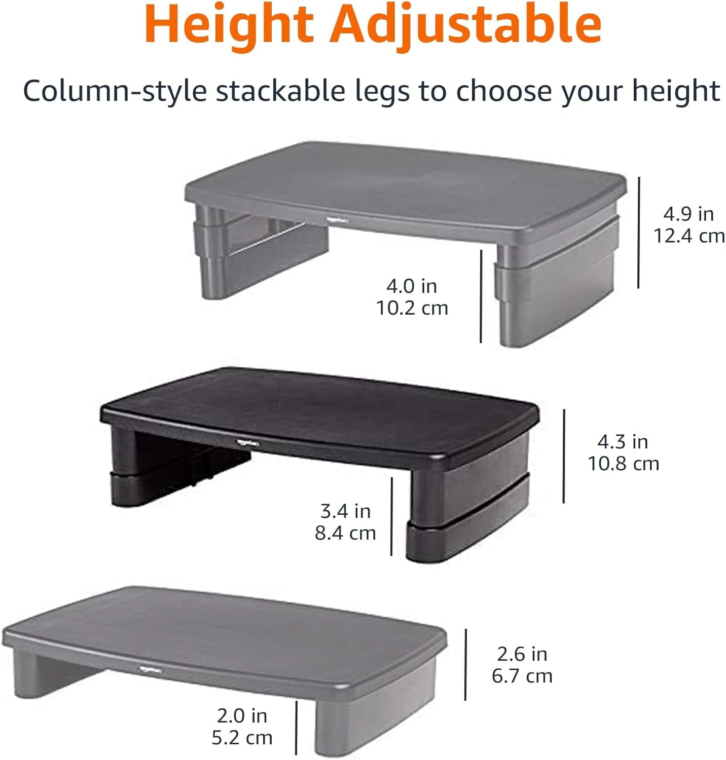 Height Adjustable Rectangular Computer Monitor Riser Desk Stand with Storage for Reduced Neck Strain - Fits Monitors, Laptops up to 22Lbs, Black