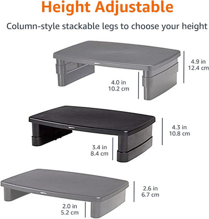 Height Adjustable Rectangular Computer Monitor Riser Desk Stand with Storage for Reduced Neck Strain - Fits Monitors, Laptops up to 22Lbs, Black
