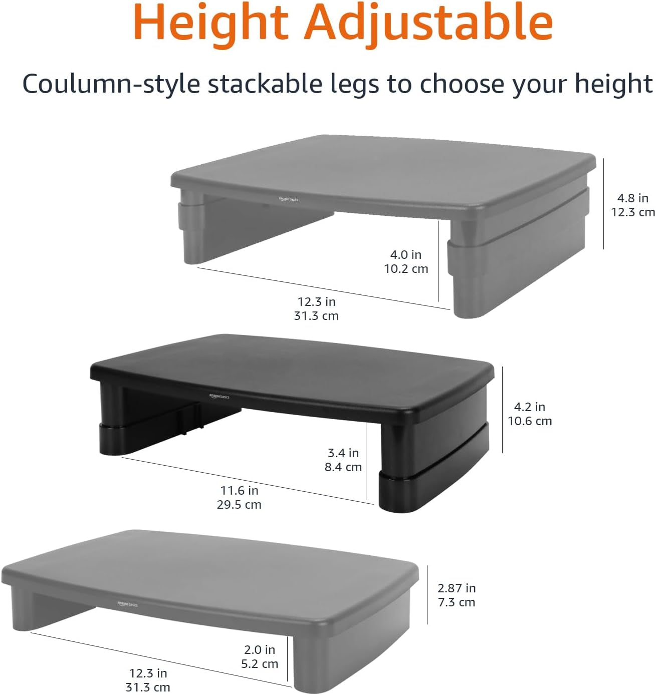 Height Adjustable Rectangular Computer Monitor Riser Desk Stand with Storage for Reduced Neck Strain - Fits Monitors, Laptops up to 22Lbs, Black