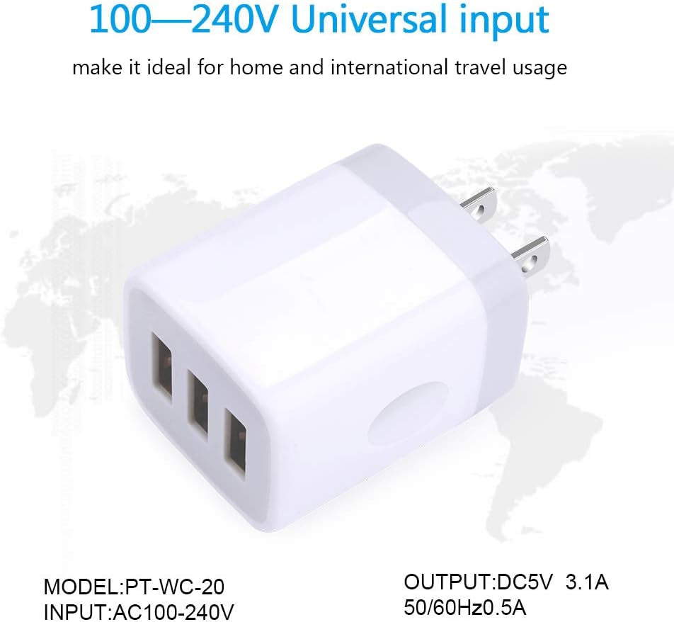 USB Wall Charger,  2Pack Wall Plug 3-Port USB Charging Station 3.1A Power Adapter Multi Port Quick Charger Block Cube for Iphone 17 16 15 14 13 12 11 Pro XS MAX 8 Ipad Samsung Galaxy S25 S24 S23