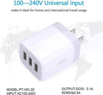 USB Wall Charger,  2Pack Wall Plug 3-Port USB Charging Station 3.1A Power Adapter Multi Port Quick Charger Block Cube for Iphone 17 16 15 14 13 12 11 Pro XS MAX 8 Ipad Samsung Galaxy S25 S24 S23