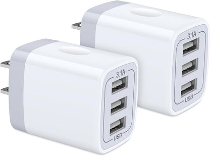 USB Wall Charger,  2Pack Wall Plug 3-Port USB Charging Station 3.1A Power Adapter Multi Port Quick Charger Block Cube for Iphone 17 16 15 14 13 12 11 Pro XS MAX 8 Ipad Samsung Galaxy S25 S24 S23